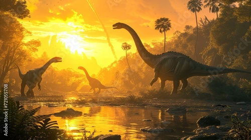 An immersive prehistoric scene featuring majestic dinosaurs in a natural setting, capturing the awe-inspiring beauty and grandeur of the ancient world before humankind © Lars