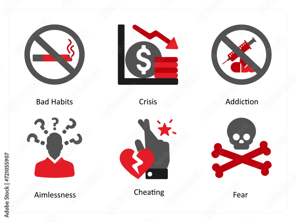 Six mix icons in red and black as bad habits, crisis, addiction - obrazy, fototapety, plakaty 
