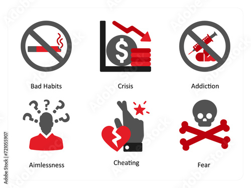 Six mix icons in red and black as bad habits, crisis, addiction