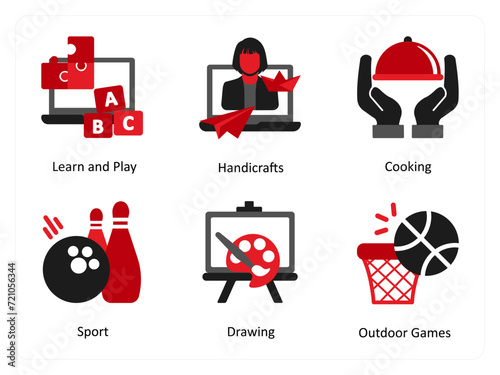 Six mix icons in red and black as learn and play, handicrafts, cooking
