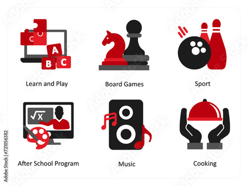 Six mix icons in red and black as learn and play, board games, sport