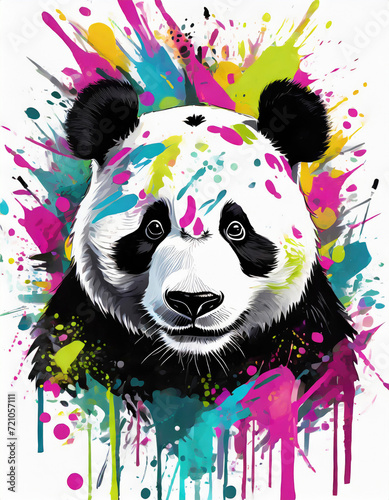 A graphic illustration of a colourful panda on a white background