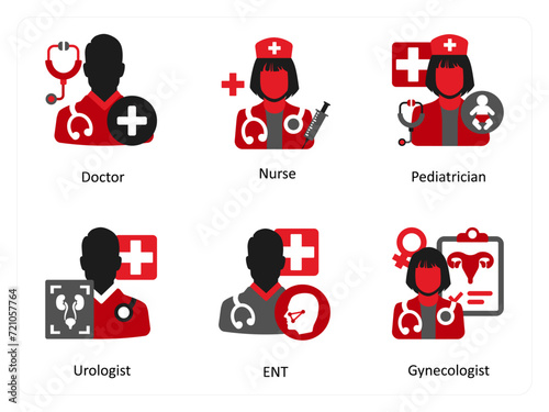 A set of 6 medical icons as doctor, nurse, pediatrician