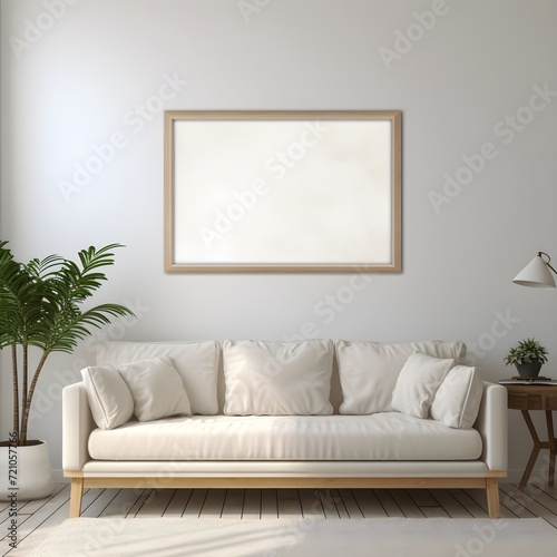 Wohnzimmer Mockup Vorlage / Innenraum mit heller Couch und großem Bilderrahmen / Design Mockup / Ai-Ki generiert