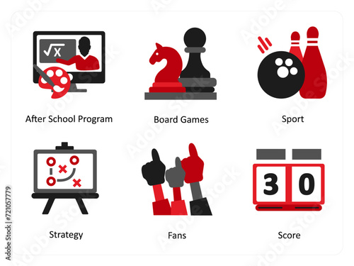 A set of 6 sports icons as after school program, board games, sport