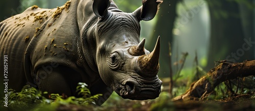 portrait of rhino grazing peacefully in a forest park © MBRAMO