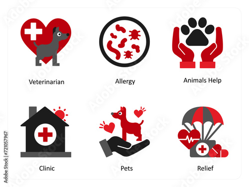 A set of 6 medical icons as veterinarian, allergy, animals help