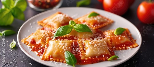 Tasty ravioli with tomato sauce, cheese, and basil on a white plate.