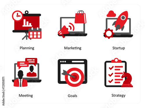 A set of 6 business icons as planning, monitoring, start up