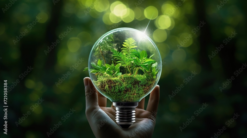 A light bulb from renewable energy sources with green energy, Protecting the surrounding earth, Hands protect nature on earth and help save the world, green planet Earth