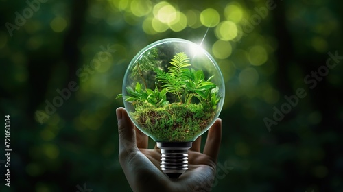 A light bulb from renewable energy sources with green energy, Protecting the surrounding earth, Hands protect nature on earth and help save the world, green planet Earth