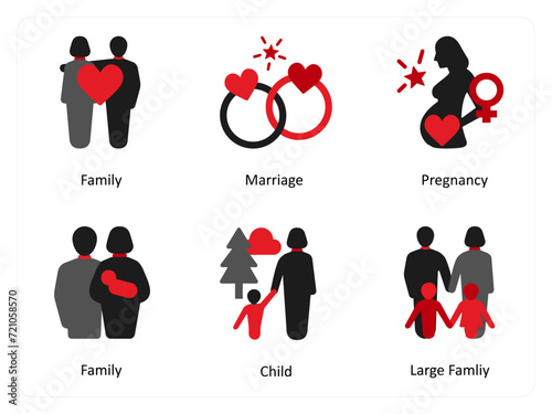 A set of 6 medical icons as family, marriage, pregnancy