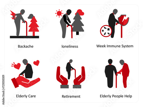 A set of 6 medical icons as backache, loneliness, week immune system