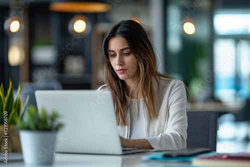 Focused Woman Working on Laptop in Office