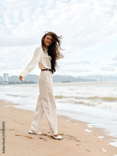 Summer Beauty  Young Women s Elegant Portrait By the Ocean  Embracing Freedom and Happiness Under a Sunny Sunset