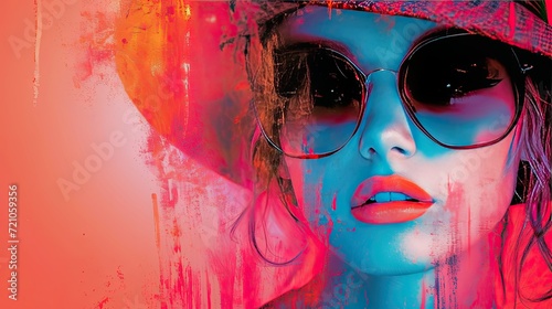 Wwoman artistic pop art effect photo portrait, young adult girl face, bright neon grange painted background, 8 march or women power and beauty concept, AI generated
