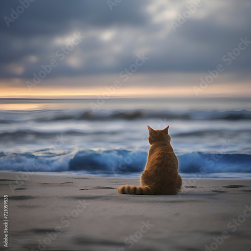 A cat is sitting on the beach watching the blue waves.  photo