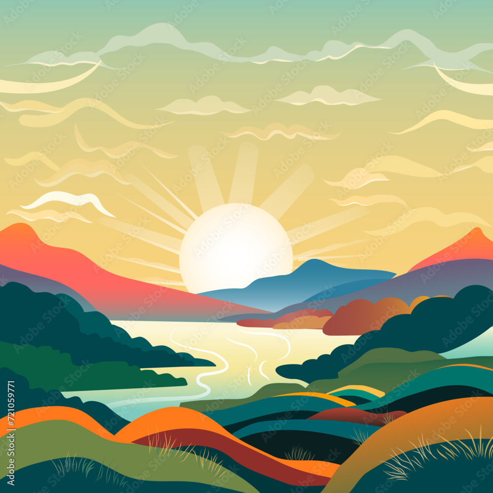 Vector landscape sunrise in a river valley in flat style