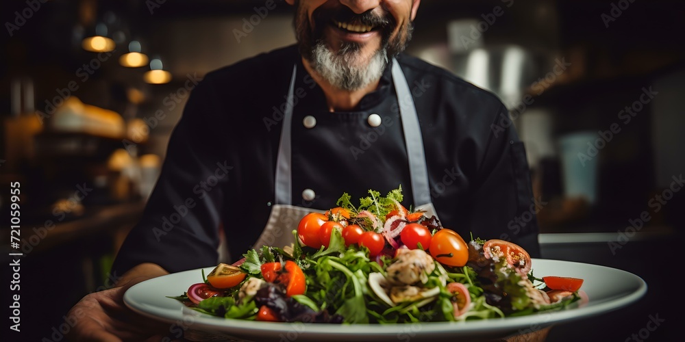 Chef presenting a fresh organic salad. culinary art in a modern restaurant. healthy eating lifestyle. delicious vegetarian meal. AI Chef presenting a fresh organic salad. culinary art in a modern restaurant. healthy eating lifestyle. delicious vegetarian meal. AI