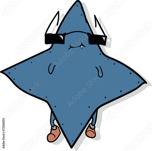 Cartoon starfish wearing sunglasses. The character is suitable for creating a logo or as part of an advertising product.