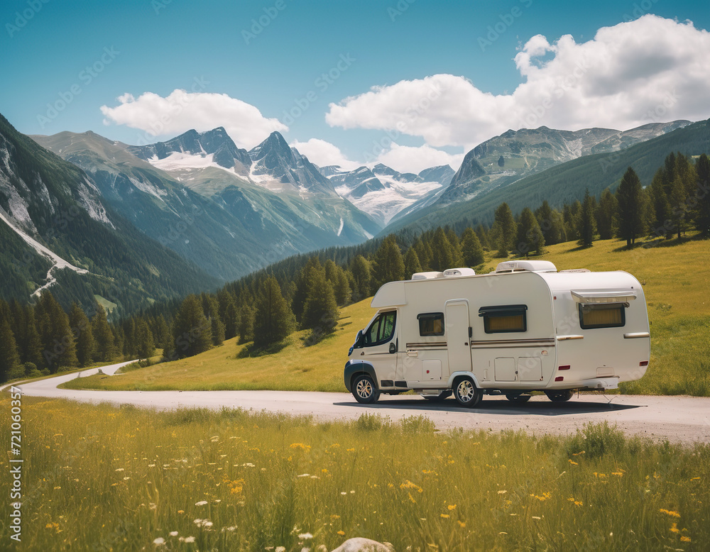 Vacation with Caravan car. Family travel RV, holiday trip in motorhome with beautiful nature landscape