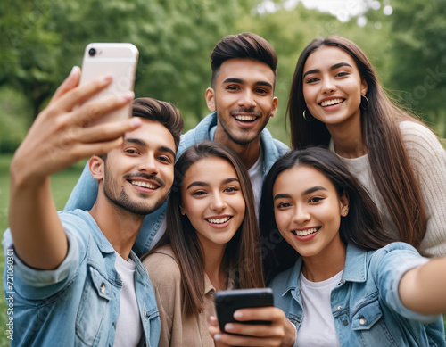 Multi ethnic student guys and girls taking selfie outdoors. Happy lifestyle friendship concept with young multicultural people having fun day together, bright and rich colors, stock photography