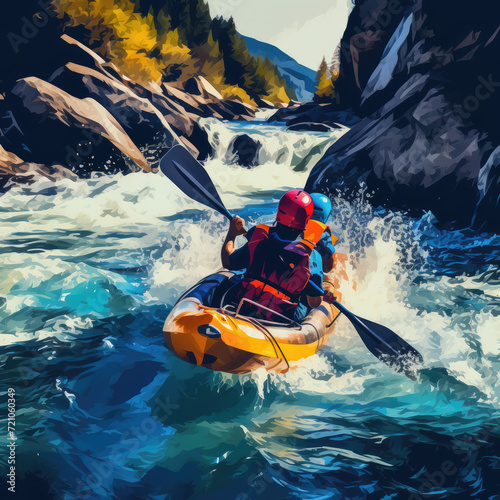  Whitewater kayaking, down a white water rapid river in the mountains. Blurred human motion. rough waters.