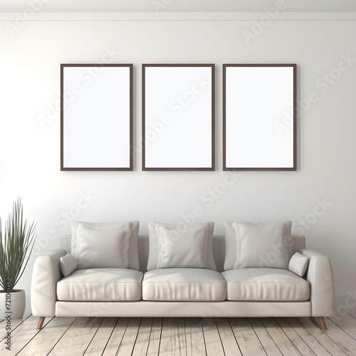 Wohnzimmer mit heller Couch und Bilderrahmen an der Wand / Wohnung Mockup / Innenraum Mockup Vorlage / Ki-Ai generiert