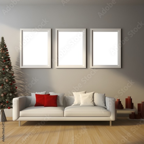 Wohnzimmer Mockup mit Weihnachtsbaum   Wohnung Mockup Vorlage   Wand mit 3 Bilderrahmen   Ai-Ki generiert