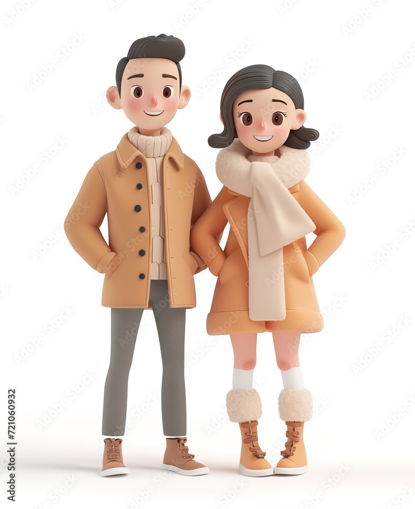 Cute couple, guy and girl in warm clothes. 3d style. Isolated on the white background Cute couple, guy and girl in warm clothes. 3d style. Isolated on the white background