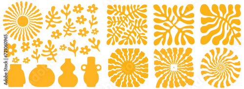 Matisse curves aesthetic. Groovy abstract flower art set. Organic floral doodle shapes in trendy naïve retro hippie style. Botanic vector illustration in Gold color.