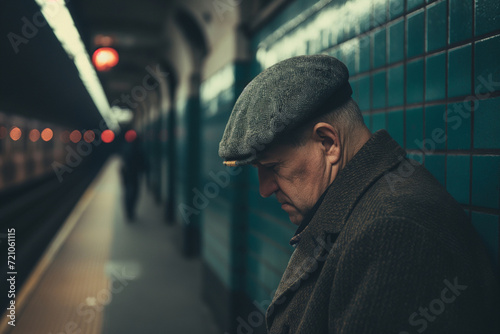 Sad man in a newsboy cap in a vintage subway station