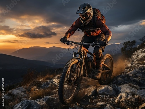 A man cycling at sunset on a mountain