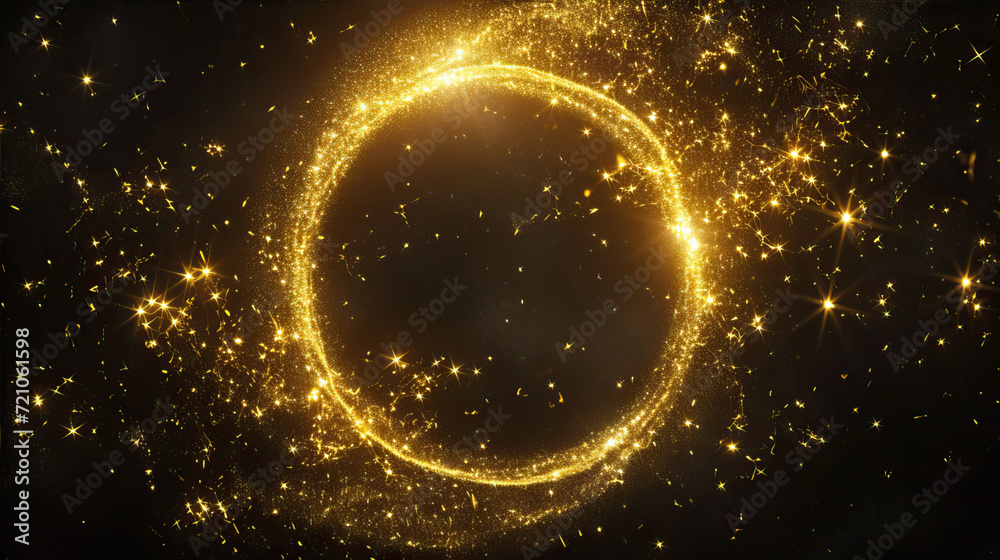 Golden, round, sparkling frame on a black background.
