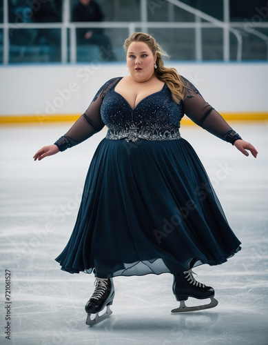 super morbidly obese woman with a really fat belly ice skating. in an ice rink. photo