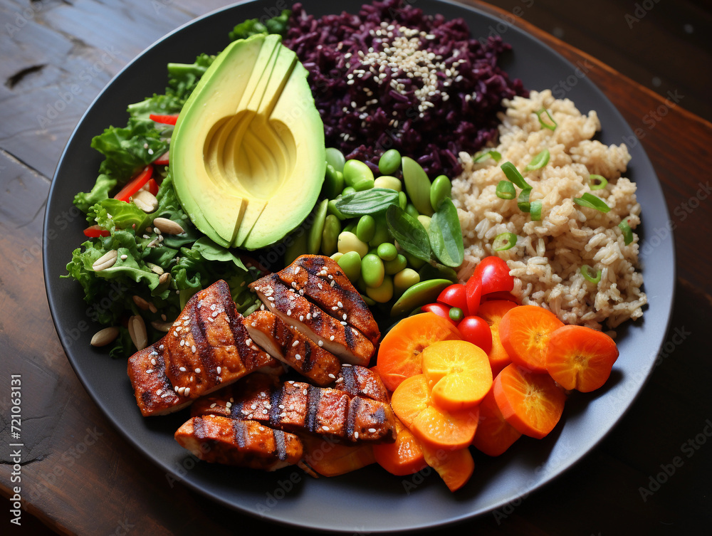 A balanced plate of food with lean proteins, whole grains, colorful vegetables, and healthy fats A balanced plate of food with lean proteins, whole grains, colorful vegetables, and healthy fats