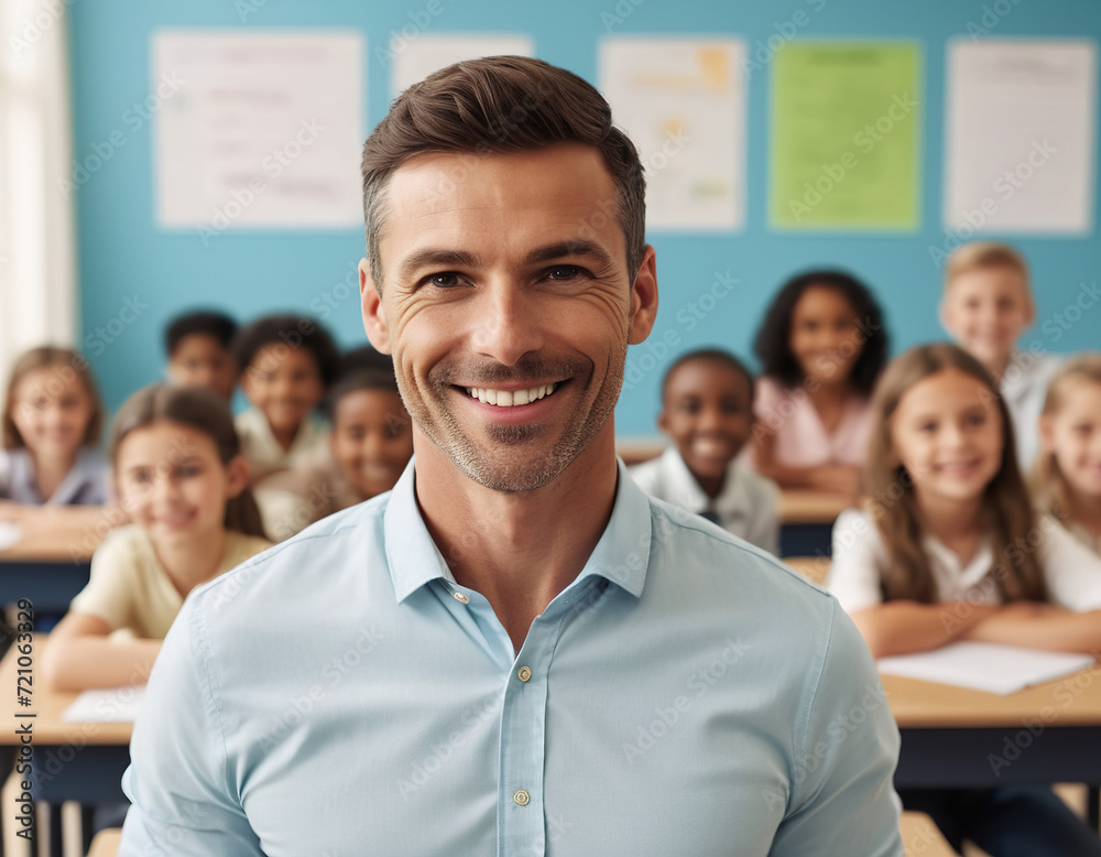 Portrait of smiling male teacher in a class at elementary school looking at camera with learning students on background Portrait of smiling male teacher in a class at elementary school looking at camera with learning students on background