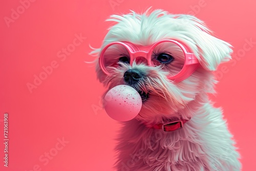 Maltese dog blowing bubble gum wearing glasses on pink background.  presentation. advertisement. birthday party invite. copy text space. photo