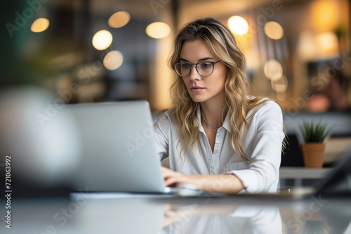 Focused Woman Working on Laptop in Office