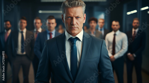 A handsome 50yo senior executive in a power suit confidently leading a diverse team 