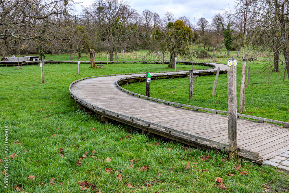 S-shaped winding wooden walkway bridge over green grass with hiking trail signs, bare fruit trees in Flanders organic orchard at Alden Biesen Castle, cloudy winter day in Bilzen, Limburg, Belgium