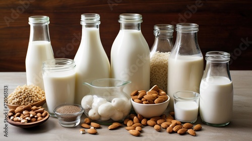Vegetable types of vegetarian milk on a brown background, Alternative lactose-free milk substitute, vegan diet, almond milk