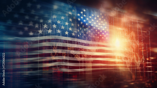 Abstract virtual financial graph hologram on USA flag and sunset sky background, forex and investment concept. Multiexposure.  photo