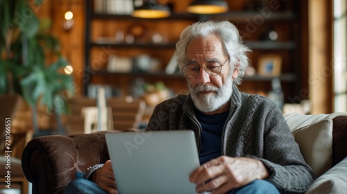 Senior man with white beard using a tablet at home, cozy lifestyle concept.