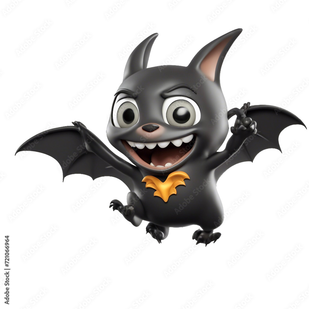 Happy bat cartoon flying on a white backdrop produced by AI Happy bat cartoon flying on a white backdrop produced by AI