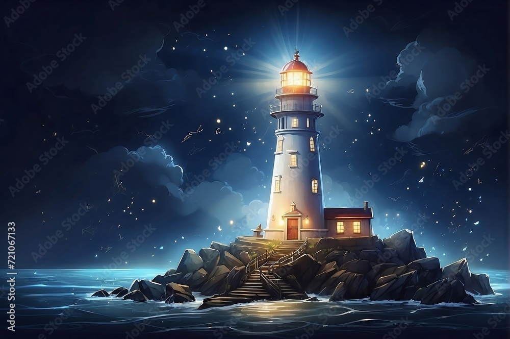 A serene lighthouse illuminates the night sky and sea, a beacon of ...