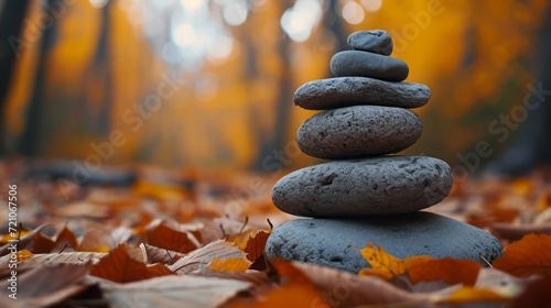 Tranquil Autumn Leaves Balanced on Stones in a Zen Stack for Relaxation and Harmony in Nature, Lifestyle, Spa