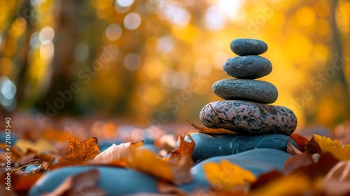 Tranquil Autumn Leaves Balanced on Stones in a Zen Stack for Relaxation and Harmony in Nature, Lifestyle, Spa