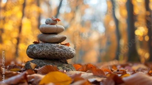 Tranquil Autumn Leaves Balanced on Stones in a Zen Stack for Relaxation and Harmony in Nature, Lifestyle, Spa