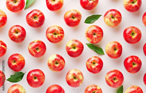 Many red apples on white background, top view. Autumn pattern with fresh healthy food